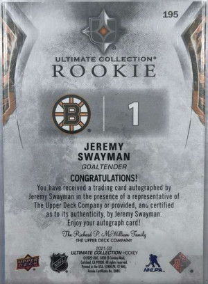 2021-22 Ultimate Collection Rookie Jeremy Swayman /99 back