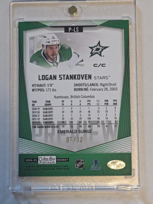 Logan Stankoven 2024-25 OPC #P-LS PLATINUM PREVIEW MARQUEE RC EMERALD SURGE /10 back
