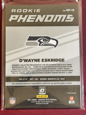 2021 Panini Donruss Optic D'Wayne Eskridge #RP-19 Rookie Phenoms Blue Hyper back