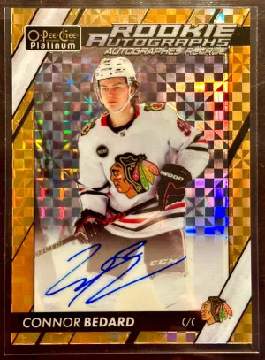 2023 OPC Platinum CONNOR BEDARD Rookie Auto Orange Checkers /15 front