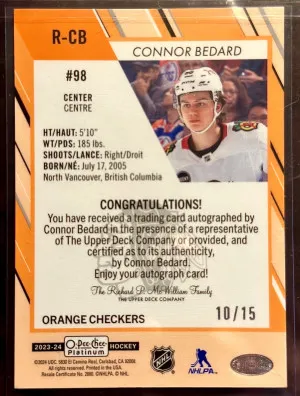 2023 OPC Platinum CONNOR BEDARD Rookie Auto Orange Checkers /15 back