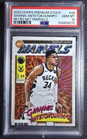 2023 Hoops Premium Stock Giannis Antetokounmpo Retro Net Marvels PSA 10 front