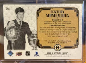 2020-21 Stature Bobby Orr Century Momentous Auto 4/5 back