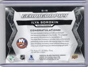 2023-24 UD Black Diamond Ilya Sorokin Gemography Auto 05/25 back