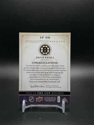 2013/14 David Krejci The Cup Signature Patches Boston Bruins THE CUP /99 back