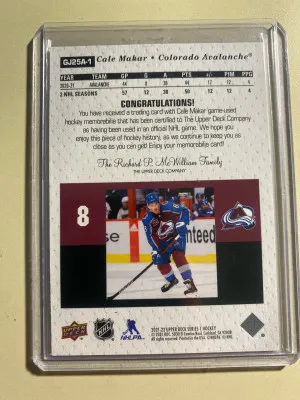 Cale Makar 21-22 Upper Deck Series 1 25th Anniversary Achievement Game Jersey back