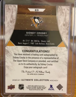 2020-21 Ultimate Sidney Crosby Auto 11/15 back