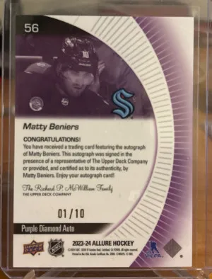 2023-24 Allure Matty Beniers Purple Diamond Auto 1/10 back