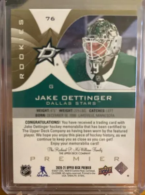 2020-21 Premier Rookie Jake Oettinger Patch /49 back