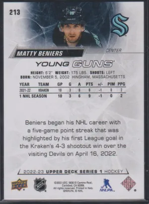 Matty Beniers 2022-23 Upper Deck Series One Young Guns back