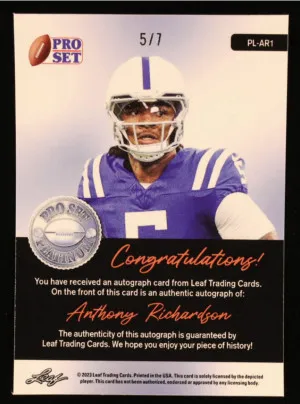 Anthony Richardson 2023 Leaf Pro Set Metal Platinum Crystal Purple #PL-AR1 RC #5/7 back