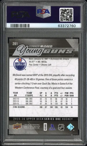 2015-16 Upper Deck Connor McDavid Rookie Young Guns RC PSA 9 #201 back