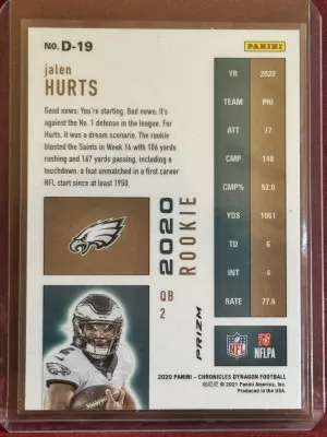 2020 Panini Chronicles Jalen Hurts #D-19 Silver Rookie Dynagon Prizm back