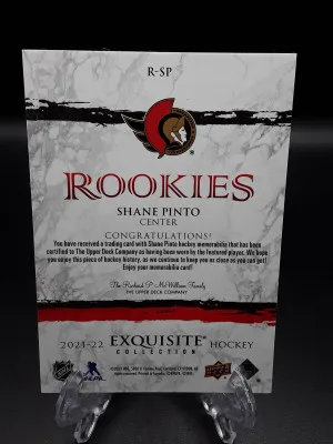 2021-22 UD Black Diamond Shane Pinto Exquisite Rookies 3 Color Patch /99 Sens back