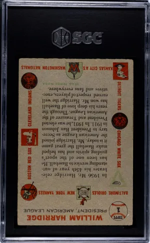 1956 Topps William Harridge #1 Gray Back SGC 3 back
