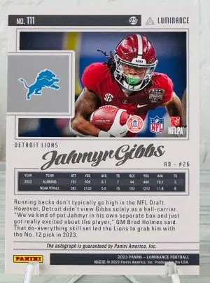 2023 Luminance Jahmyr Gibbs Rookie Blue Auto /50 #111 Alabama Uniform Detroit Lions back