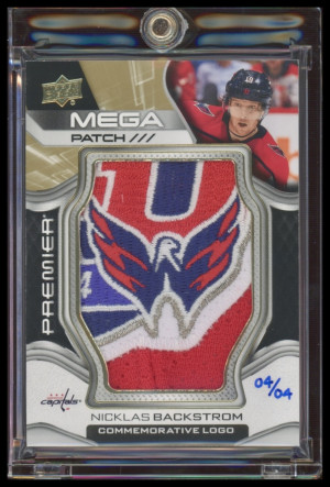 NICKLAS BACKSTROM 2022-23 PREMIER - MEGA PATCH HAND INSCRIBED GAME USED PATCH 4/4 COMMEMORATIVE LOGO GAME USED front