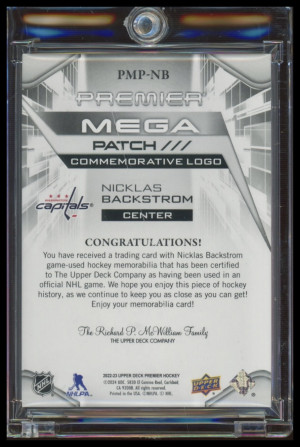 NICKLAS BACKSTROM 2022-23 PREMIER - MEGA PATCH HAND INSCRIBED GAME USED PATCH 4/4 COMMEMORATIVE LOGO GAME USED back
