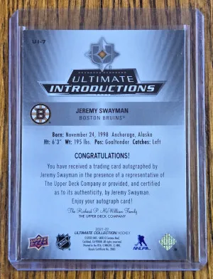 2021-22 Upper Deck Ultimate Collection Introductions Auto - Jeremy Swayman back