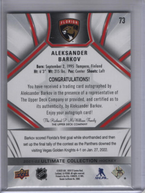 2021 Upper Deck Ultimate Collection Aleksander Barkov back