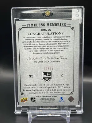2019 Chronology Jonathan Quick Timeless Memories Patch Auto Red /25 back