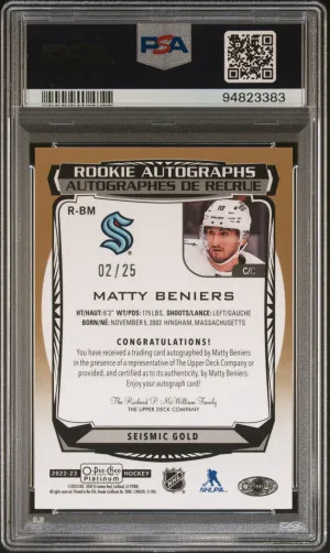 2022 O-Pee-Chee Platinum Rookie Autographs Matty Beniers Rookie Auto-Seismic Gold back