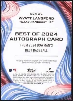 Wyatt Langford 2024 Bowman's Best #B24-WL Best of 2024 Autographs - Blue Refractor /150 Rookie back