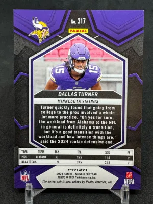 2024 Mosaic Dallas Turner #317 RC Autograph back