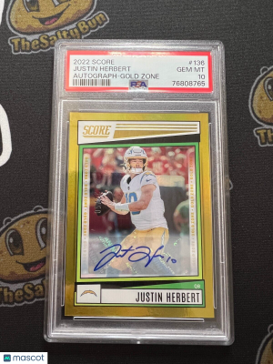 2022 Score Justin Herbert Gold Zone Auto /50 PSA 10 front