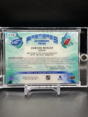 2021-22 UD ICE Dawson Mercer Premieres Rookie Patch Auto /10 back