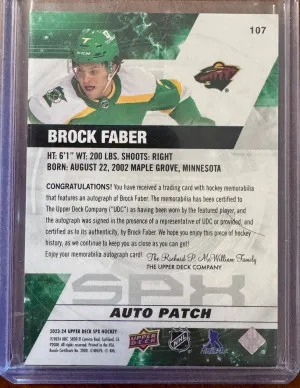 23-24 Brock Faber UD SPx Rookie Patch Auto back