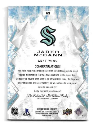 2022-23 Upper Deck Ice Game Used Jerseys #63 Jared McCann - Seattle Kraken back