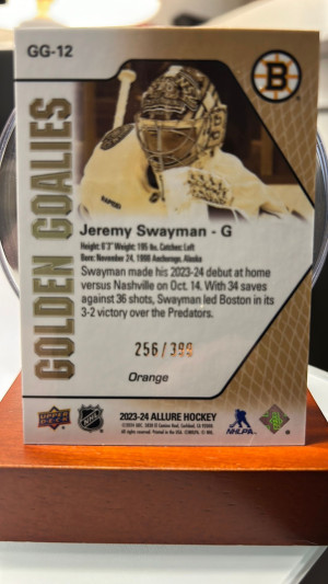 2023-24 Upper Deck Allure Jeremy Swayman #GG-12 Orange Golden Goalies /399 back