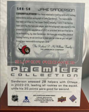 2022-23 Upper Deck Premier Jake Sanderson #SRA-SA Super Rookies /99 Patch back