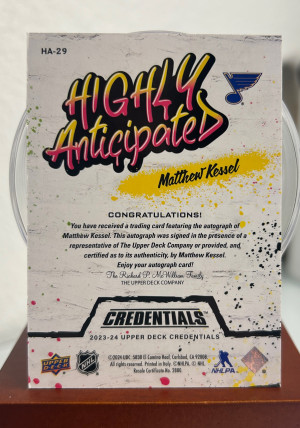 2023-24 Upper Deck Credentials Matthew Kessel #HA-29 back