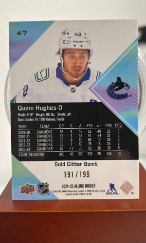 2024-25 Upper Deck Allure Quinn Hughes #47 Gold Glitter Bomb 191 / 199 back