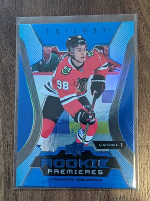 CONNOR BEDARD 44/99 rookie premieres 2023-24 Upper Deck Trilogy Blue Rc # Chicago Blackhawks rookie card front