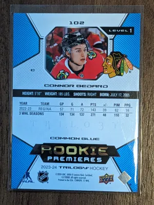 CONNOR BEDARD 44/99 rookie premieres 2023-24 Upper Deck Trilogy Blue Rc # Chicago Blackhawks rookie card back