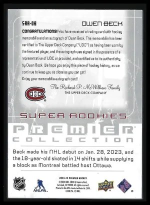 2023-24 Upper Deck Premier '03-04 Rookie Patch Autographs Owen Beck back