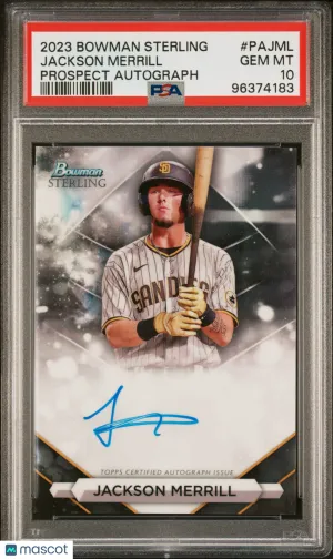 2023 Bowman Sterling Prospect Autographs Jackson Merrill #PAJML PSA 10 POP 229 front