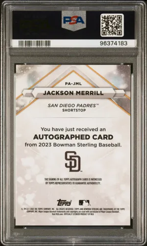 2023 Bowman Sterling Prospect Autographs Jackson Merrill #PAJML PSA 10 POP 229 back