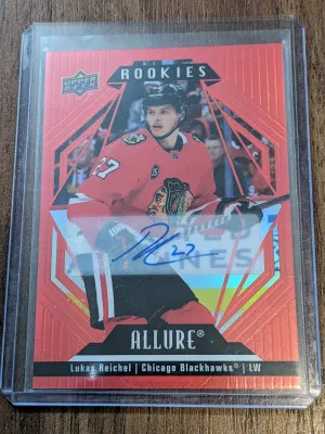 2022-23 Upper Deck Allure Red Rainbow Auto Rookies Lukas Reichel #127 Chicago front
