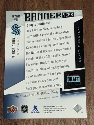 2023-24 SP Game Used Vince Dunn Banner Year - Seattle Kraken Expansion Draft back