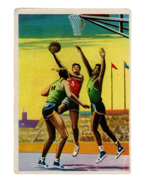 1963 Editorial Bruguera Enciclopedia Deportiva #42 El Partido (Spanish Basketball Card) front