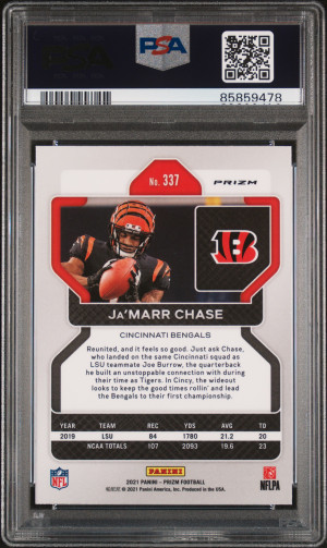 2021 Panini Prizm Ja’marr Chase Rookie Orange Disco Prizm PSA 10 back
