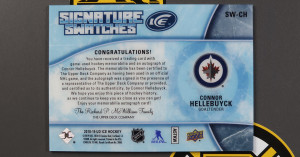 2018-19 Upper Deck UD Ice Signature Swatches Auto Mem Connor Hellebuyck /150 back