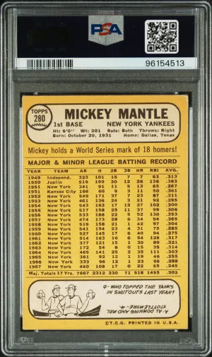 1968 Topps Mickey Mantle PSA 3.5 VG+ back