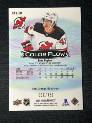 Luke Hughes /150 Red Orange Spectrum Color Flow Allure 2024-25 Hockey Card back
