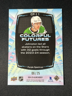 Wyatt Johnston /25 made Allure Colorful Futures Purple Spectrum Hockey Card back