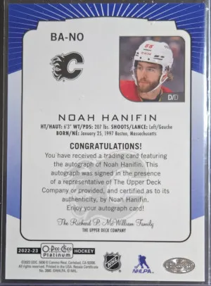 2022-23 O-Pee-Chee Platinum Blue Autograph BA-NO Noah Hanifin back